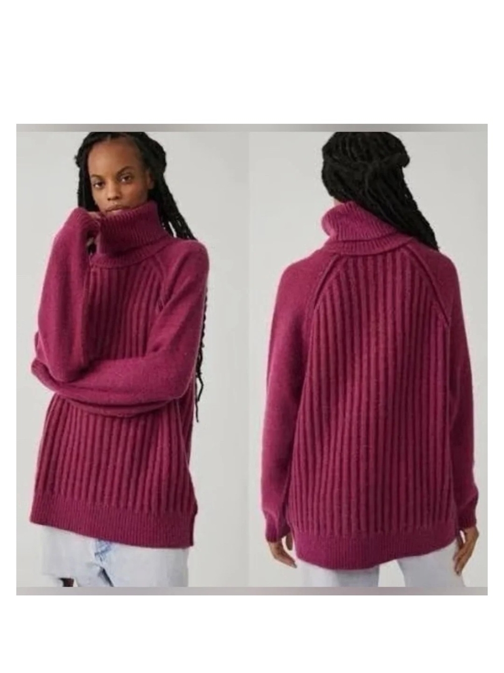 Free People Ribbed Cowl Turtleneck Sweater - Raspberry Plum